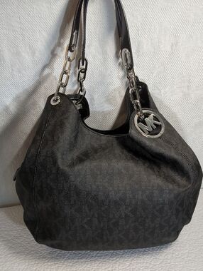 Michael Kors Lg Black Fulton Leather Shoulder Bag Signature MK Pristine